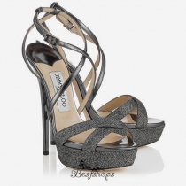 Jimmy Choo Anthracite Lamé Glitter and Mirror Leather Platform Sandals 145mm BSJC7999628