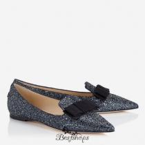 Jimmy Choo Navy Crackly Glitter Fabric Pointy Toe Flats with Bow Detail BSJC7468928