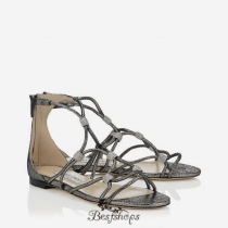 Jimmy Choo Silver Metallic Pixelated Leather Sandals with Crystal Nuggets BSJC2694628