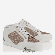 Jimmy Choo Nude Shadow Coarse Glitter Fabric and White Vacchetta Leather Low Top Trainers BSJC9866628