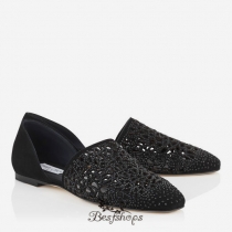 Jimmy Choo Black Laser Perforated Suede Flats with Crystals BSJC2254072