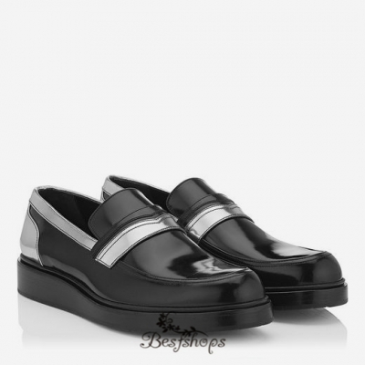 Jimmy Choo Black Shiny Calf and Silver Mirror Leather Loafers BSJC9874118
