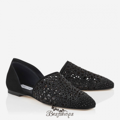 Jimmy Choo Black Laser Perforated Suede Flats with Crystals BSJC7418474