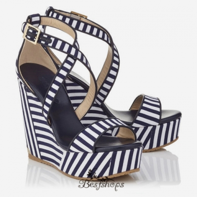Jimmy Choo Navy and Optic White Striped Cotton Cork Wedges 120mm BSJC7435228