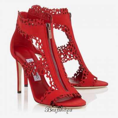 Jimmy Choo Red Laser Perforated Suede Sandals 100mm BSJC7422738