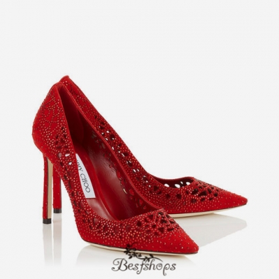 Jimmy Choo Red Perforated Suede with Crystal Hotfix Detailing Pointy Toe Pumps 100mm BSJC8082718