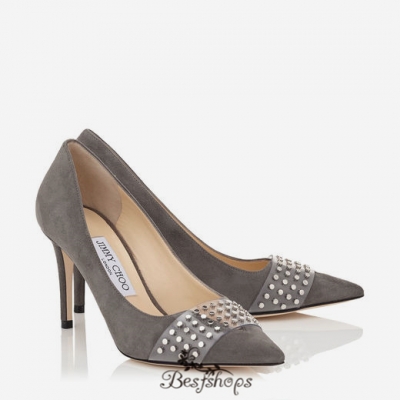 Jimmy Choo Taupe Grey Suede Pointy Toe Pumps with Silver Studs 85mm BSJC9003456
